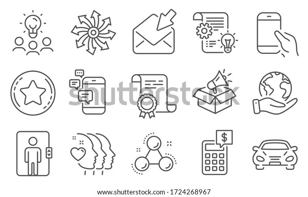 Set of Business
icons, such as Calculator, Friends couple. Diploma, ideas, save
planet. Chemistry molecule, Megaphone box, Car. Cogwheel,
Versatile, Loyalty star.
Vector