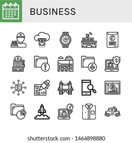 Set of business icons such as Calendar, Cashier, Cloud, Wristwatch, Building, Document, Slot machine, Folder, Museum, Download, Online banking, Pound, Coding, Tower bridge , business