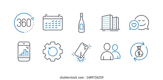 Set of Business icons, such as Calendar, Recovery gear, Buildings, Users, Smartphone broken, Dating, Graph phone, Champagne, 360 degrees, Money exchange line icons. Line calendar icon. Vector