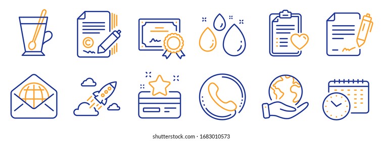 Set of Business icons, such as Calendar time, Copywriting. Certificate, save planet. Loyalty card, Startup rocket, Water drop. Tea mug, Web mail, Signing document. Vector