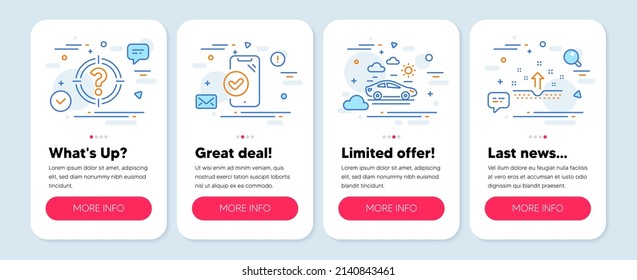 Set of Business icons, such as Car travel, Approved phone, Headhunter symbols. Mobile app mockup banners. Clean skin line icons. Transport, Verified smartphone, Aim with question mark. Vector