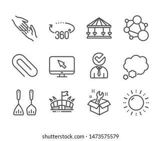 Set of Business icons, such as Carousels, Paper clip, Cooking cutlery, Integrity, Vacancy, Helping hand, Sun energy, Spanner, Internet, Talk bubble, Arena, 360 degrees line icons. Vector