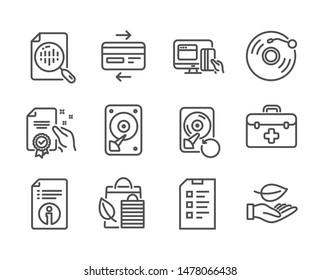 Set Of Business Icons, Such As Certificate, Analytics Chart, Hdd, Vinyl Record, Leaf, Credit Card, Technical Info, Checklist, First Aid, Online Payment, Bio Shopping, Recovery Hdd. Vector