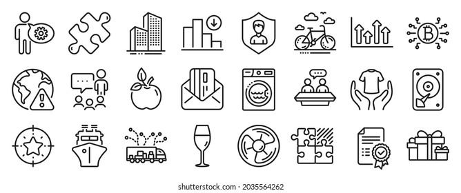 Set of Business icons, such as Certificate, Truck delivery, Hdd icons. Hold t-shirt, Internet warning, Bike rental signs. Cogwheel, Decreasing graph, Wineglass. Star target, Bitcoin system. Vector