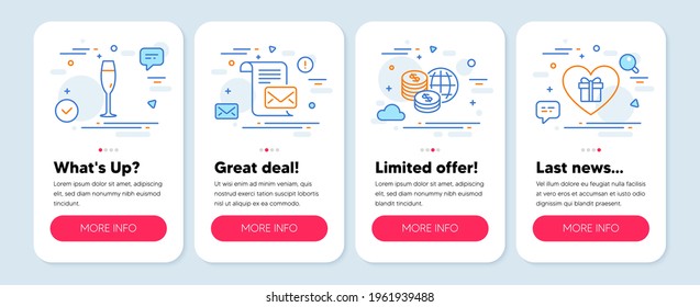 Set of Business icons, such as Champagne glass, Mail letter, World money symbols. Mobile screen app banners. Romantic gift line icons. Winery, Read e-mail, Global markets. Surprise with love. Vector