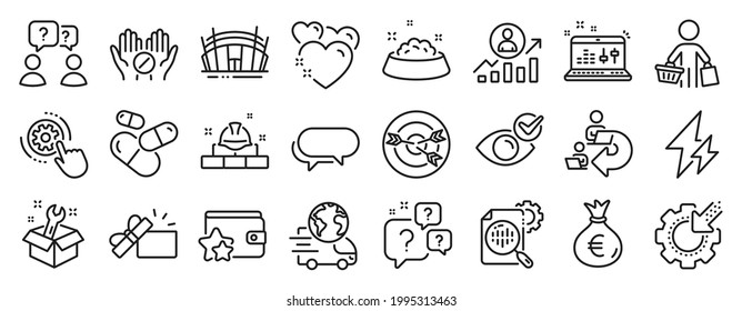 Set of Business icons, such as Check eye, Targeting, Question bubbles icons. Capsule pill, Messenger, Spanner signs. Buyer, Electricity, Arena stadium. Medical tablet, Heart, Seo gear. Vector