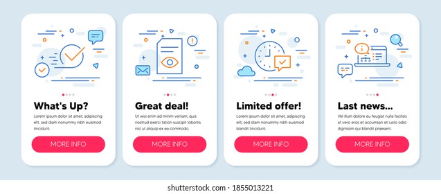 Set of Business icons, such as Checkbox, View document, Select alarm symbols. Mobile screen banners. Online documentation line icons. Approved, Open file, Time symbol. Web engineering. Vector