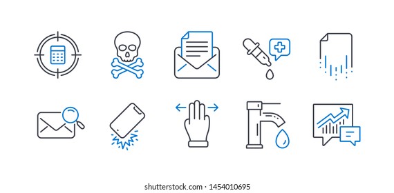 Set of Business icons, such as Chemical hazard, Mail correspondence, Chemistry pipette, Recovery file, Calculator target, Multitasking gesture, Tap water, Smartphone broken, Search mail. Vector
