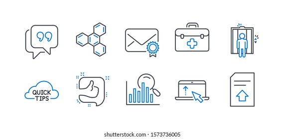 Set of Business icons, such as Chemical formula, Like, Elevator, Swipe up, Quote bubble, First aid, Verified mail, Quick tips, Search, Upload file line icons. Chemistry, Thumb up. Vector