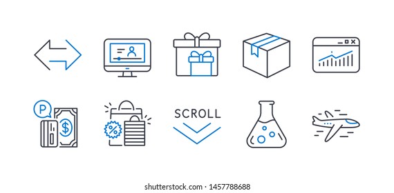 Set of Business icons, such as Chemistry lab, Website statistics, Shopping bags, Scroll down, Delivery boxes, Parcel, Sync, Online video, Parking payment, Airplane line icons. Vector