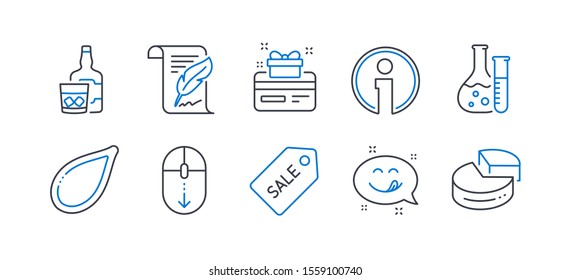 Set of Business icons, such as Chemistry lab, Scroll down, Feather, Yummy smile, Loyalty card, Pumpkin seed, Whiskey glass, Sale ticket, Info, Pie chart line icons. Laboratory, Mouse swipe. Vector
