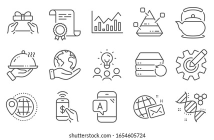 Set of Business icons, such as Chemistry dna, Pyramid chart. Diploma, ideas, save planet. World travel, Recovery server, Give present. Infochart, Ab testing, Teapot. Vector