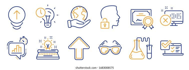 Set Of Business Icons, Such As Chemistry Lab, Typewriter. Certificate, Save Planet. Reject Access, Unlock System, Sunglasses. Swipe Up, Statistics Timer, Time Management. Vector