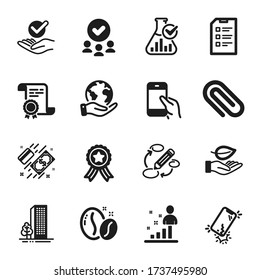 Set of Business icons, such as Chemistry lab, Checklist. Certificate, approved group, save planet. Payment, Paper clip, Hold smartphone. Keywords, Stats, Leaf. Vector