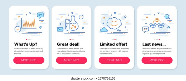 Set of Business icons, such as Chemistry flask, Line graph, Smile chat symbols. Mobile app mockup banners. Parcel shipping line icons. Laboratory, Market diagram, Happy face. Send box. Vector