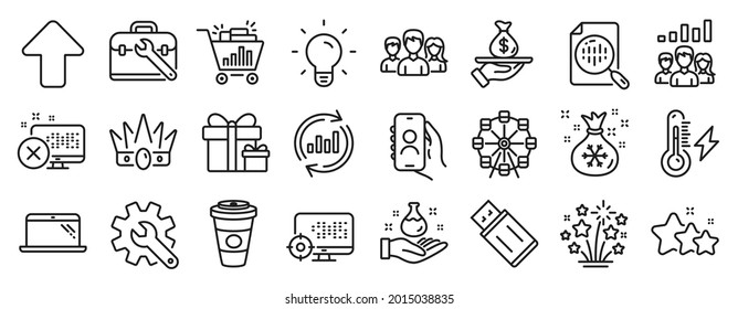 Set of Business icons, such as Chemistry lab, Fireworks stars, Teamwork icons. Ferris wheel, Teamwork results, User call signs. Electricity power, Crown, Usb flash. Takeaway coffee, Laptop. Vector