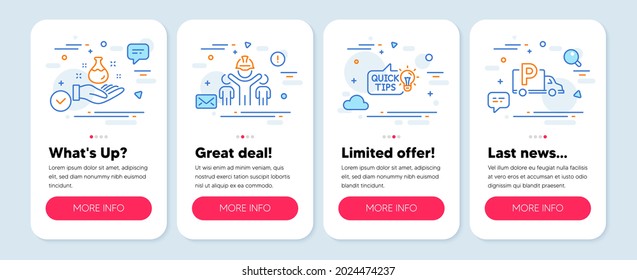 Set of Business icons, such as Chemistry lab, Education idea, Engineering team symbols. Mobile screen app banners. Truck parking line icons. Laboratory, Quick tips, Engineer person. Free park. Vector
