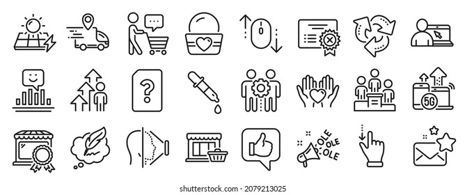 Set of Business icons, such as Chemistry pipette, Favorite mail, Recycle icons. 5g internet, Face id, Smile signs. Copyright chat, Business podium, Touchscreen gesture. Marketplace, Like. Vector