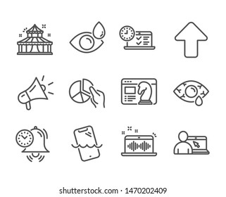 Set of Business icons, such as Circus, Seo strategy, Time management, Online education, Music making, Pie chart, Eye drops, Ð¡onjunctivitis eye, Online test, Upload, Megaphone line icons. Vector