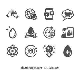 Set of Business icons, such as Clapping hands, Globe, Discount, Job interview, Water splash, Atom, Water drop, Coffee cup, Oil serum, 24h delivery, Phone survey, 360 degrees classic icons. Vector