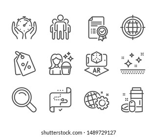 Set of Business icons, such as Clean skin, Augmented reality, Medical drugs, Discount tags, Target path, Seo internet, Seo gear, Timer, Cleaning, Group, Certificate, Search line icons. Vector