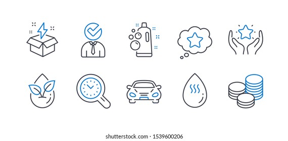 Set of Business icons, such as Clean bubbles, Organic product, Creative idea, Car, Vacancy, Loyalty star, Ranking, Hot water, Time management, Tips line icons. Laundry shampoo, Leaf. Vector