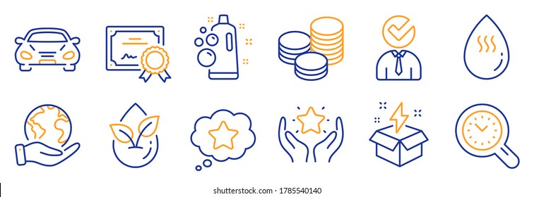 Set of Business icons, such as Clean bubbles, Organic product. Certificate, save planet. Creative idea, Car, Vacancy. Loyalty star, Ranking, Hot water. Time management, Tips line icons. Vector