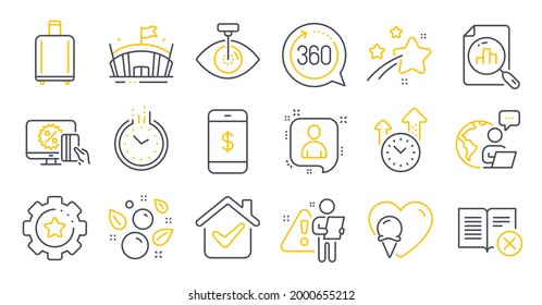 Set of Business icons, such as Clean bubbles, Analytics graph, Time symbols. Time management, Settings gear, Ice cream signs. Developers chat, Arena, Reject book. Eye laser, 360 degrees. Vector