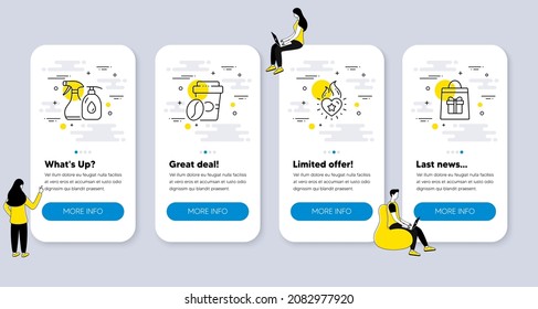 Set of Business icons, such as Cleaning liquids, Takeaway coffee, Heart flame icons. UI phone app screens with people. Holidays shopping line symbols. Antiseptic soap, Roasted bean, Love fire. Vector