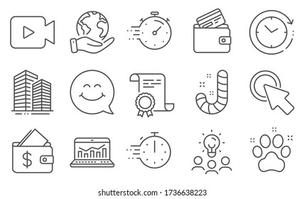 Set Of Business Icons, Such As Click Here, Smile Face. Diploma, Ideas, Save Planet. Pet Friendly, Time Change, Video Camera. Cooking Timer, Skyscraper Buildings, Debit Card. Vector