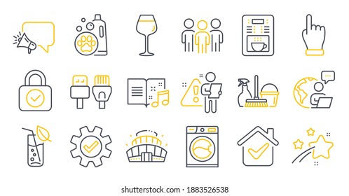 Set of Business icons, such as Click hand, Bordeaux glass, Computer cables symbols. Pet shampoo, Music book, Service signs. Megaphone, Arena stadium, Water glass. Washing machine, Group. Vector