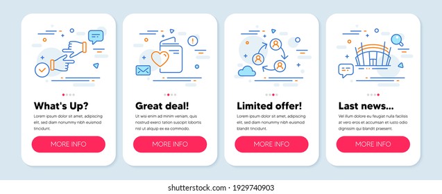 Set of Business icons, such as Click hands, Teamwork, Love document symbols. Mobile app mockup banners. Arena stadium line icons. Direction, Business conference, Registry office. Sport complex. Vector