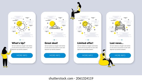 Set of Business icons, such as Cloakroom, Idea gear, Sunny weather icons. UI phone app screens with people. Warning road line symbols. Hanger wardrobe, Technology process, Sun. Vector