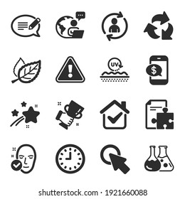 Set of Business icons, such as Clock, Health skin, Uv protection symbols. Phone payment, Message, Chemistry lab signs. Strategy, Click here, Leaf. Person info, Recycle, Winner cup. Vector