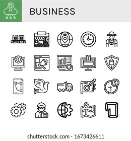 Set of business icons. Such as Cloud, Conveyor, Shop, Globe, Circular clock, Tourist, Computer, Website, Projector screen, Online payment, Protection, Plan, Dove , business icons