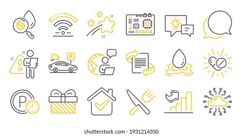 Set of Business icons, such as Cloud network, Marketing, Gift symbols. Chat message, Growth chart, Medical drugs signs. Parking time, Food, Motherboard. Water analysis, Wifi, Water splash. Vector