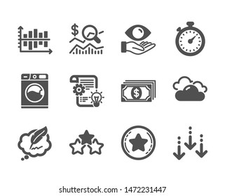 Set of Business icons, such as Cloudy weather, Copyright chat, Cogwheel, Diagram chart, Timer, Washing machine, Ranking stars, Loyalty star, Scroll down, Payment, Check investment. Vector
