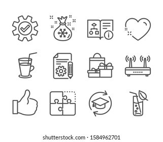 Set of Business icons, such as Cocktail, Technical algorithm, Wifi, Water glass, Service, Documentation, Heart, Shopping, Puzzle, Like, Continuing education, Santa sack line icons. Vector