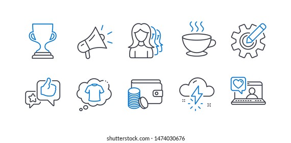 Set of Business icons, such as Coffee cup, T-shirt, Award cup, Women headhunting, Thunderstorm weather, Payment method, Megaphone, Like, Cogwheel, Friends chat line icons. Line coffee cup icon. Vector