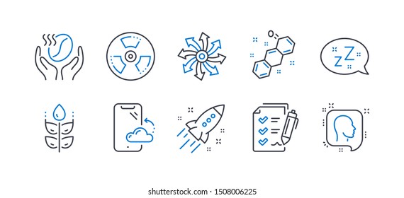 Set of Business icons, such as Coffee, Smartphone cloud, Versatile, Gluten free, Survey checklist, Startup rocket, Sleep, Chemical formula, Chemical hazard, Head line icons. Line coffee icon. Vector