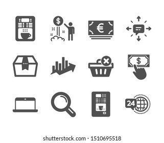 Set of Business icons, such as Coffee vending, Growth chart, 24h service, Sms, Coffee maker, Research, Delete purchase, Laptop, Payment click, Income money, Euro currency, Package box. Vector
