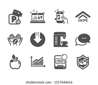 Set of Business icons, such as Coffee, Download arrow, Eco food, Recovery ssd, Parking security, Music phone, Sound check, Swipe up, Graph, Medical tablet, Coffee machine, Dots message. Vector