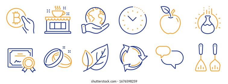 Set of Business icons, such as Coffee shop, Leaf. Certificate, save planet. Recycle, Chemistry experiment, Apple. Cooking cutlery, Wedding rings, Chat message. Vector