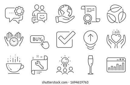 Set of Business icons, such as Coffee cup, Checkbox. Diploma, ideas, save planet. Marketing statistics, Buy button, Employees messenger. Spanner, Safe time, Leaves. Vector