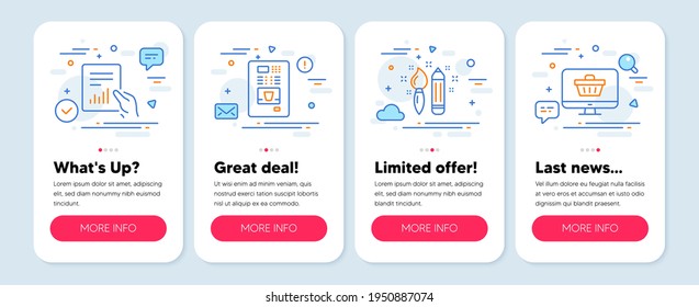 Set of Business icons, such as Coffee vending, Document, Creativity symbols. Mobile screen banners. Web shop line icons. Coffee vending machine, File with diagram, Graphic art. Shopping cart. Vector