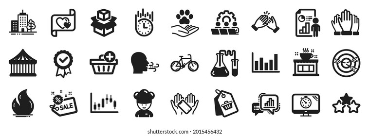 Set of Business icons, such as Coffee shop, Chemistry lab, Candlestick graph icons. Sale tag, Business report, Sale signs. Bicycle, Breathing exercise, Column chart. Smartphone holding. Vector
