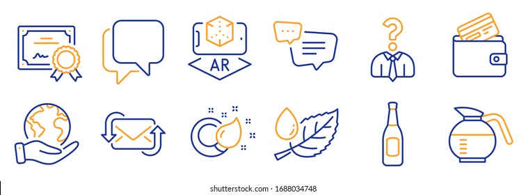 Set of Business icons, such as Coffeepot, Hiring employees. Certificate, save planet. Refresh mail, Beer, Paint brush. Talk bubble, Leaf dew, Augmented reality. Vector