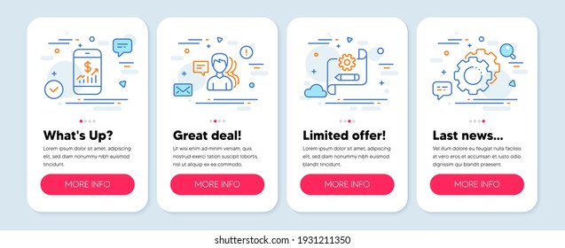 Set of Business icons, such as Cogwheel blueprint, Mobile finance, People symbols. Mobile app mockup banners. Settings gears line icons. Edit settings, Phone accounting, Support job. Vector