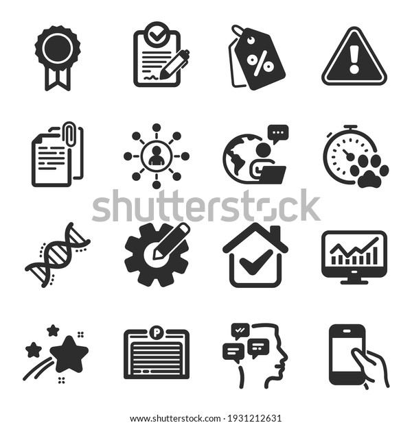 Set of Business icons, such as Cogwheel, Hold\
smartphone, Parking garage symbols. Statistics, Dog competition,\
Messages signs. Discount tags, Networking, Document attachment.\
Chemistry dna. Vector