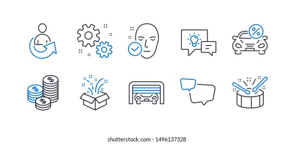 Set of Business icons, such as Coins, Work, Speech bubble, Idea lamp, Gift, Parking garage, Share, Health skin, Car leasing, Drums line icons. Cash money, Settings. Line coins icon. Vector